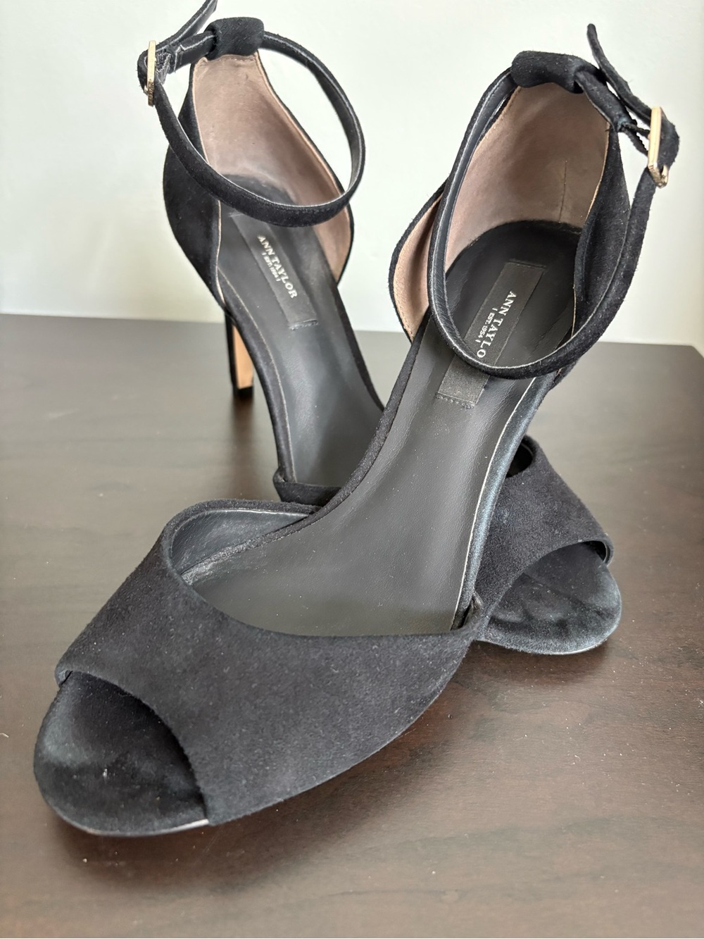 Ann Taylor Black Suede Peep-Toe Ankle Strap Heels